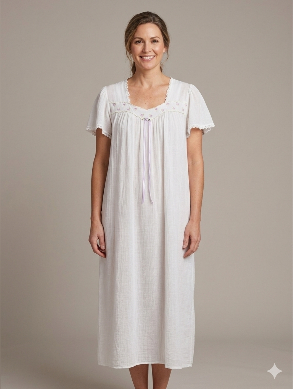 Vintage Claudel Cotton Gauze Nightgown White Embroidered Floral Midi Cottagecore